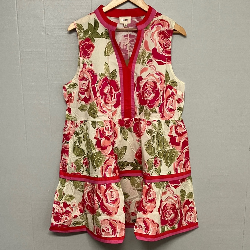NWT BiBi Floral Tiered V Neck Dress Size XL Pink Green New With Tags